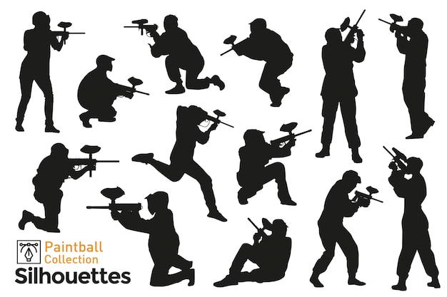 Colección de siluetas de jugadores de paintball. diferentes poses de personas jugando con armas.