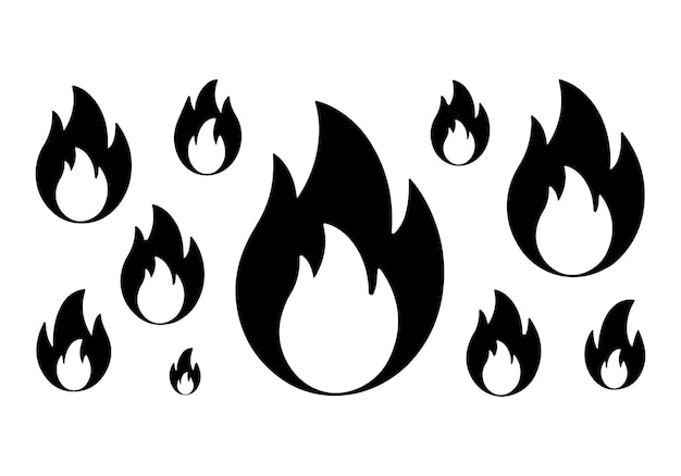 Colección de siluetas de llamas de fuego negro símbolos de energía de calor ardiente