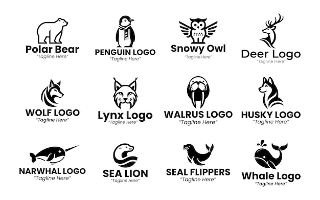 Colección de siluetas de logotipos de animales polares y fríos