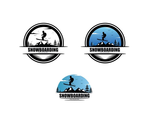 Colección de siluetas de logotipos de snowboard en la colina