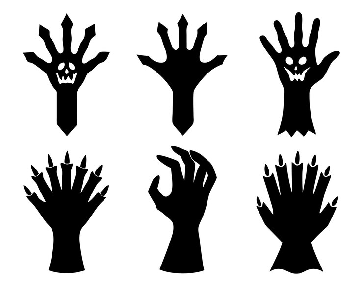 Vector colección de siluetas de monstruos zombies y manos de halloween