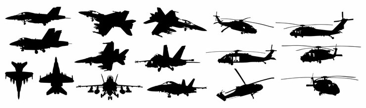 Vector colección de siluetas negras de varios aviones militares