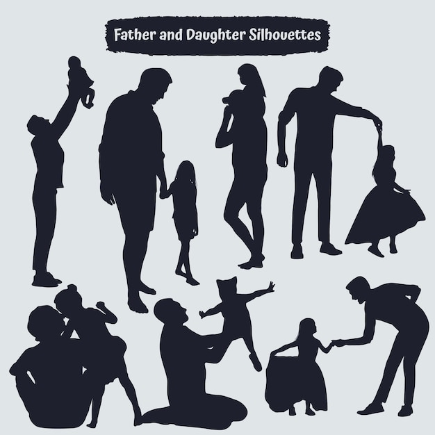 Colección de siluetas de padre e hija en diferentes poses.