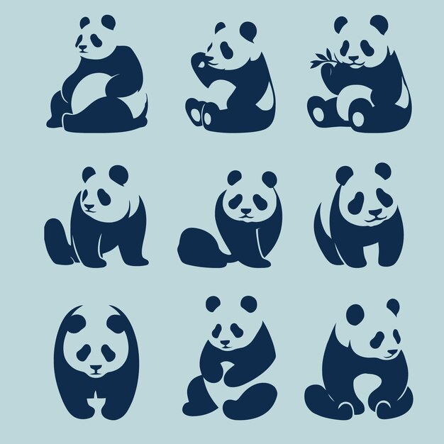 Colección de siluetas de pandas en varias posturas y actividades naturales para la vida silvestre