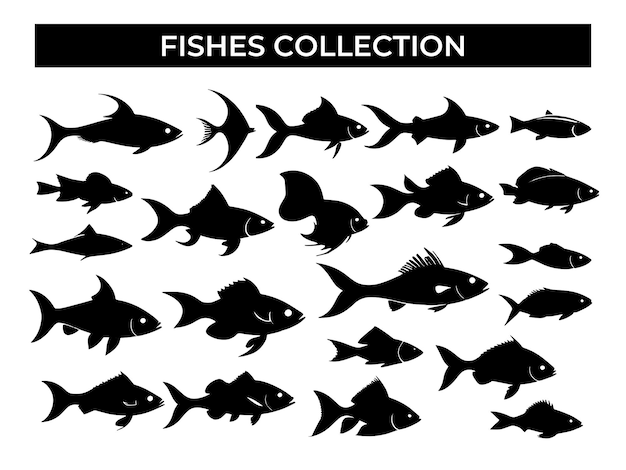 Vector colección de siluetas de peces sobre un fondo blanco