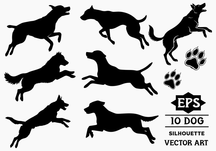 Colección de siluetas de perros negros en diferentes poses y huellas de patas de arte vectorial