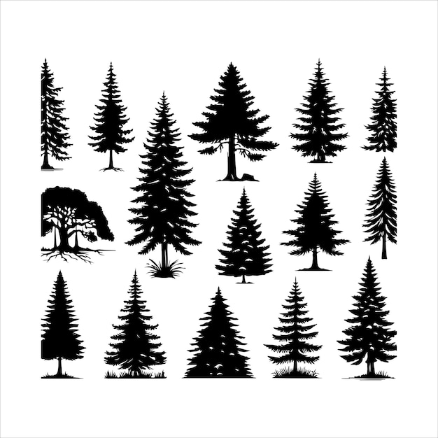 Colección de siluetas de pinos siluetas vintage de árboles forestales ilustración vectorial