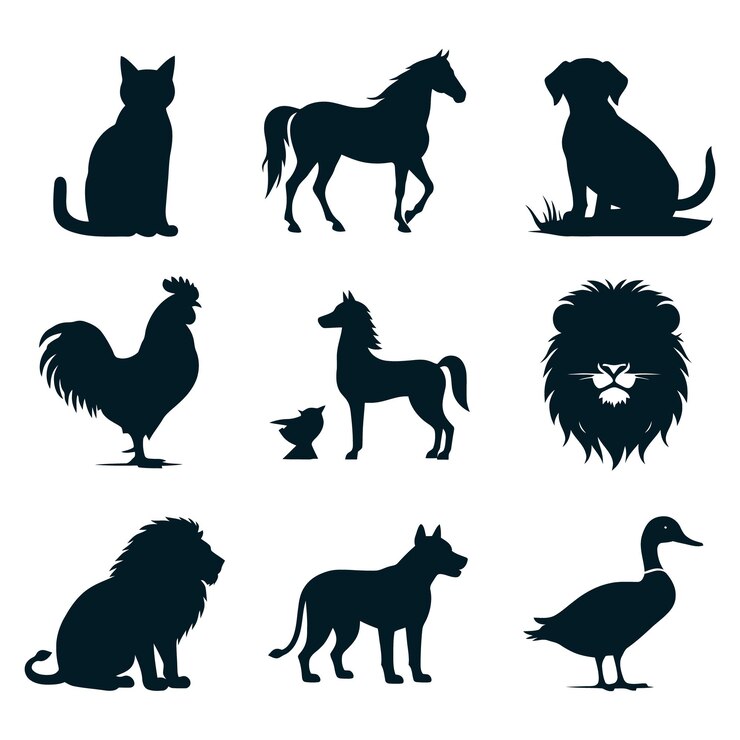 Una colección de siluetas Vector salvaje plano más animales del bosque