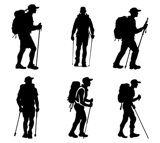 Colección de siluetas vectoriales de alpinistas y excursionistas