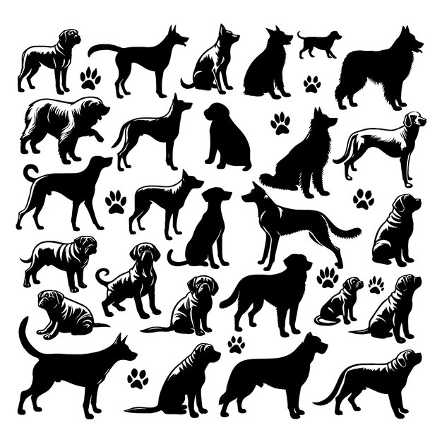 Colección de siluetas vectoriales de diferentes razas de perros sobre un fondo blanco