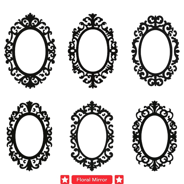 Vector colección de siluetas vectoriales de espejos florales intrincados simetría cautivadora para proyectos artísticos