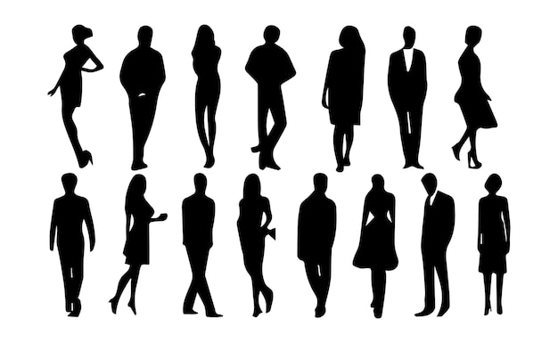 Colección de siluetas vectoriales de hombres y mujeres de pie