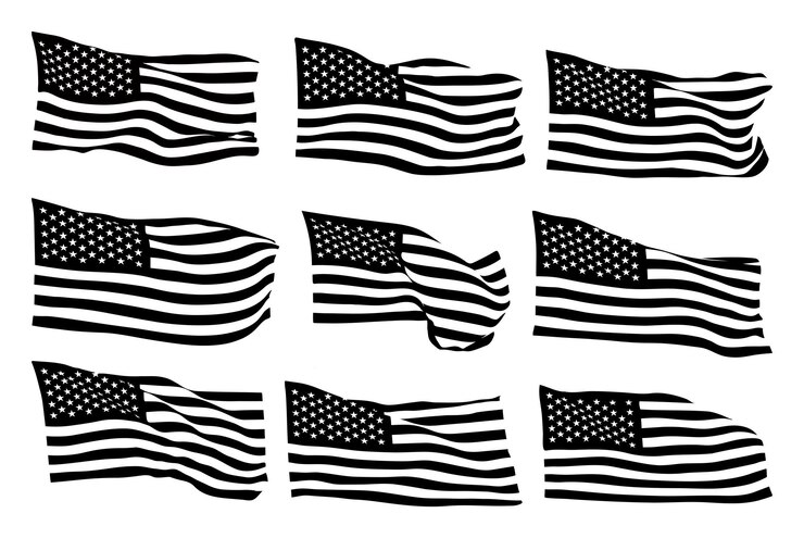 Vector colección de siluetas en el viento ondeando la bandera de ee.uu. un conjunto de silueta vector de bandera americana