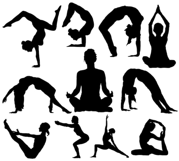 Una colección de siluetas de yoga que representan varias posturas ideales para blogs de fitness y estudios de yoga