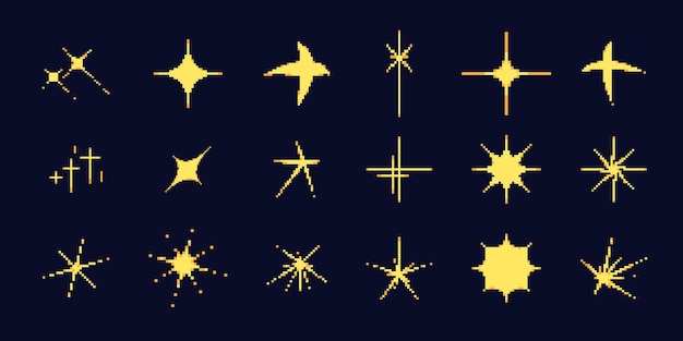 Colección de símbolos de brillo amarillo de estrella de 8 bits