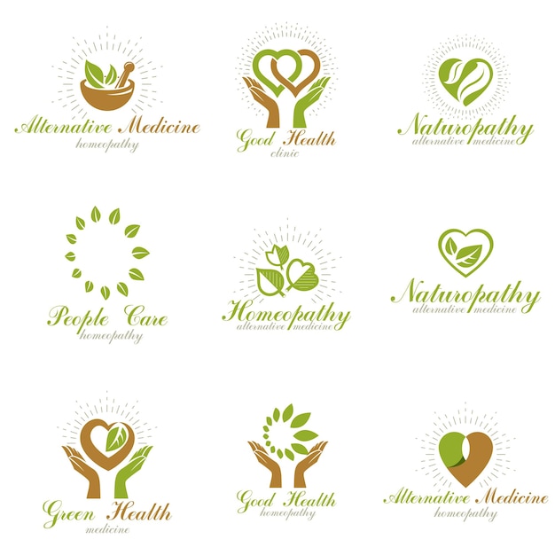 Colección de símbolos creativos de homeopatía. emblemas vectoriales conceptuales de medicina alternativa creados con hojas verdes, formas cardíacas, cruces religiosas y manos cariñosas.