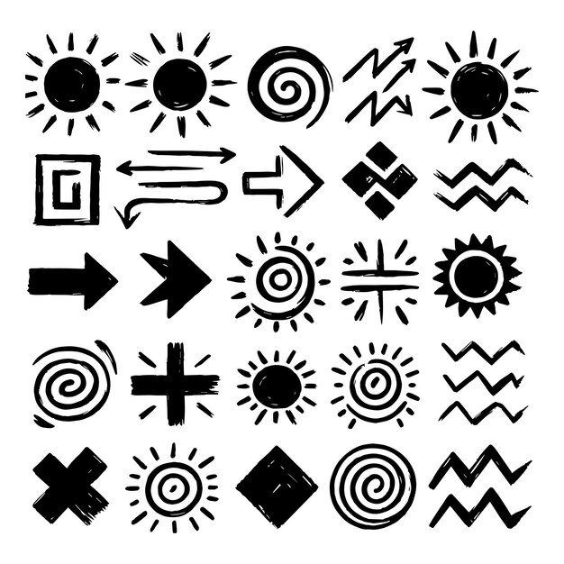 Colección de símbolos dibujados a mano con soles, flechas y formas abstractas en blanco y negro