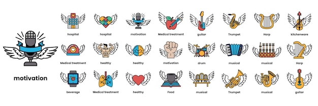 Una colección de símbolos e iconos incluyendo un micrófono un libro un corazón