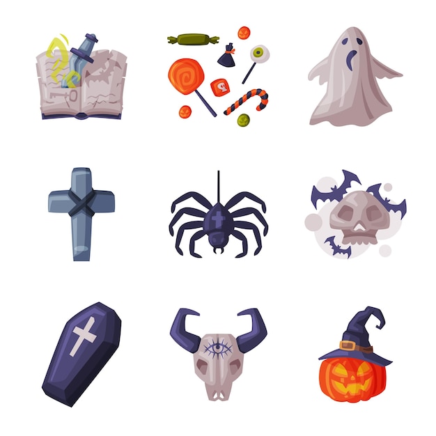 Colección de símbolos de Halloween Elementos de diseño de fiestas de vacaciones Araña Calabaza Cruz Libro mágico Búfalo calavera ataúd Estilo de dibujos animados Ilustración vectorial