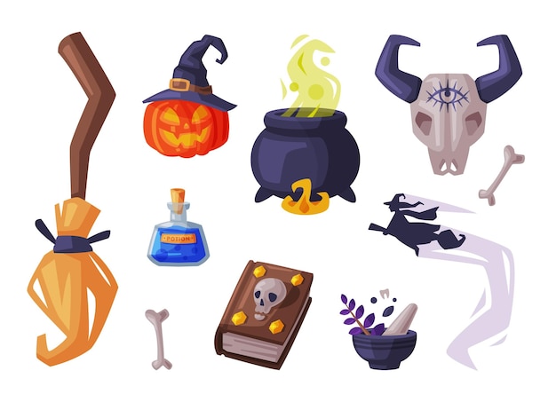 Colección de símbolos de halloween elementos de diseño de fiestas de vacaciones escoba calabaza bruja caldero buffalo calavera libro mágico estilo de dibujos animados ilustración vectorial