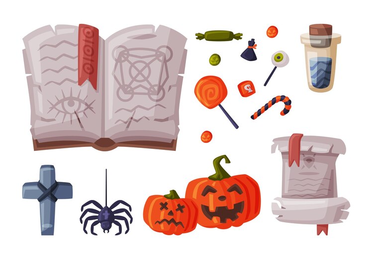 Vector colección de símbolos de halloween elementos de diseño de fiestas de vacaciones esqueleto calabaza libro mágico cruz rollo de papel estilo de dibujos animados ilustración vectorial