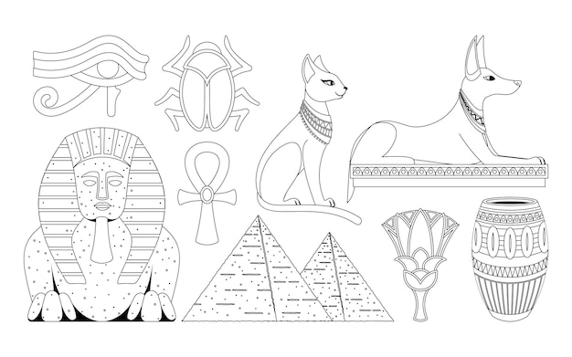 Colección de símbolos icónicos del antiguo Egipto en vector de contorno en blanco y negro
