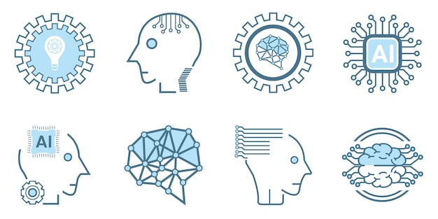 Colección de símbolos de iconos de inteligencia artificial aislados, con líneas de máquina, icono de IA inteligente