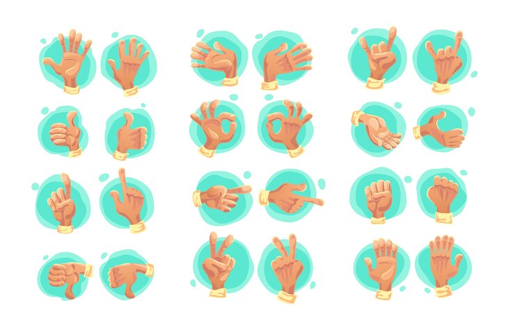 Vector colección de símbolos de mano plana aislados sobre fondo blanco. estilo de dibujos animados. iconos de emoji, conjunto de símbolos. diferentes signos de manos y gestos.