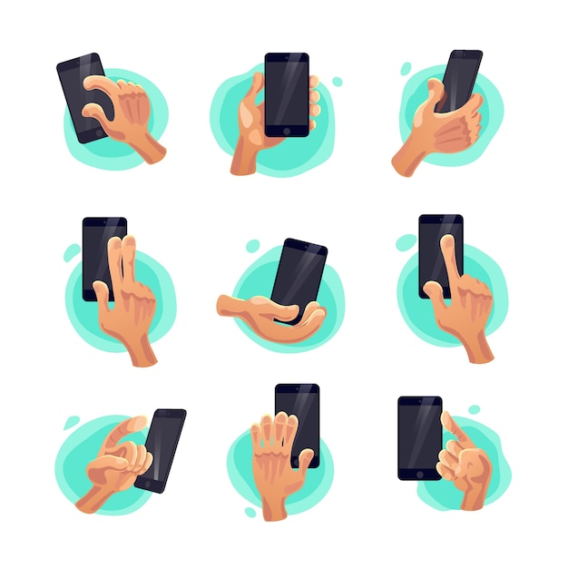 colección de símbolos de mano plana sosteniendo smartphone aislado sobre fondo blanco. Estilo de dibujos animados. Iconos de emoji, conjunto de símbolos. Diferentes signos de manos y gestos.