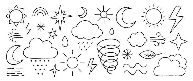 Colección de símbolos meteorológicos con tiza de lápiz de colores y textura pastel