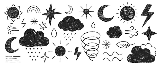 Colección de símbolos meteorológicos con tiza de lápiz de colores y textura pastel