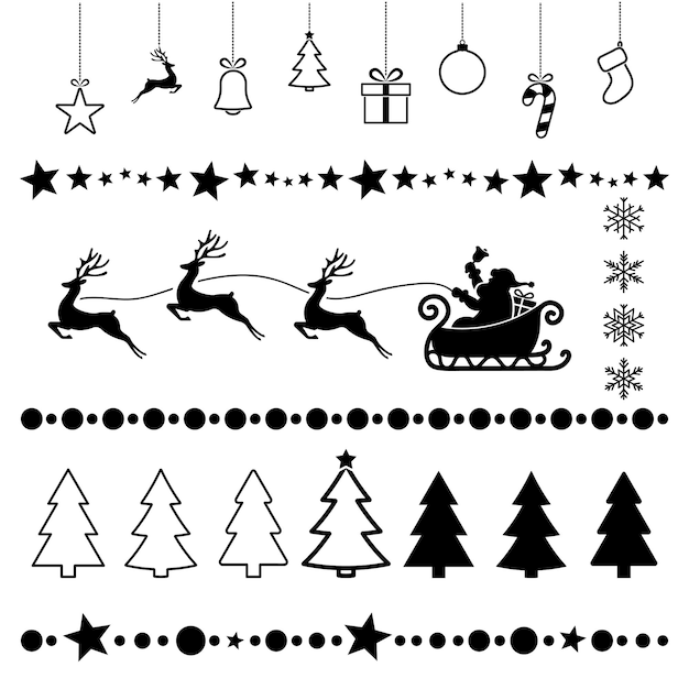 Colección de símbolos de Navidad siluetas negras árbol de Navidad adornos de renos copo de nieve temporada de invierno elementos de diseño vectorial