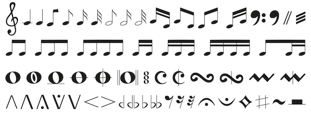 Colección de símbolos de notas musicales Iconos de notas musicales negras Símbolo de notas musicales sobre fondo blanco