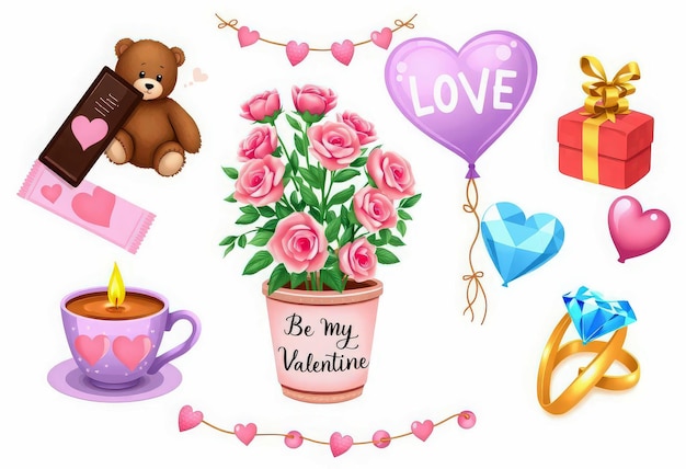 Colección de símbolos y regalos románticos para el Día de San Valentín