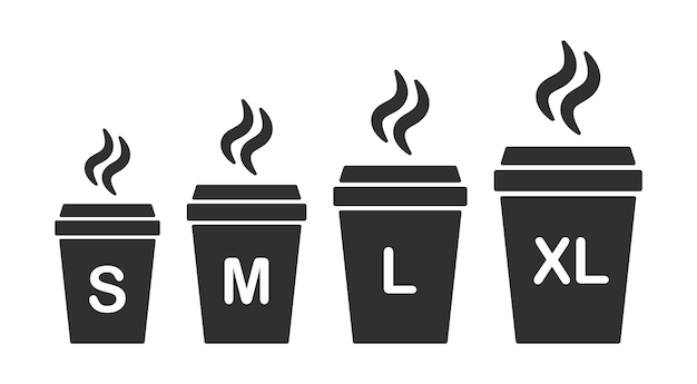 Colección de símbolos de tamaño de taza de café de papel Bebida para llevar pequeña, mediana, grande y extra grande