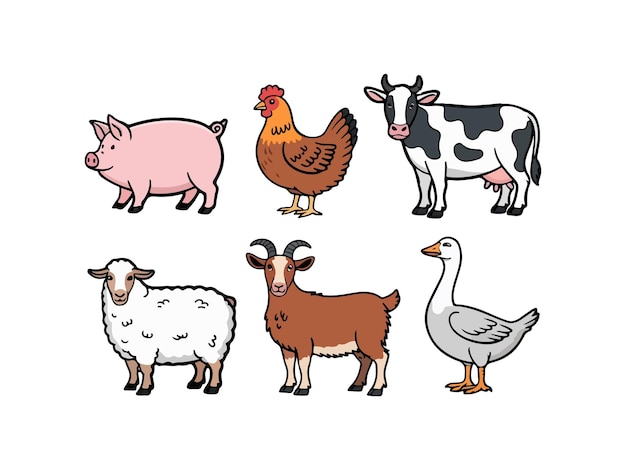 Colección de simpáticos animales de granja en un estilo plano