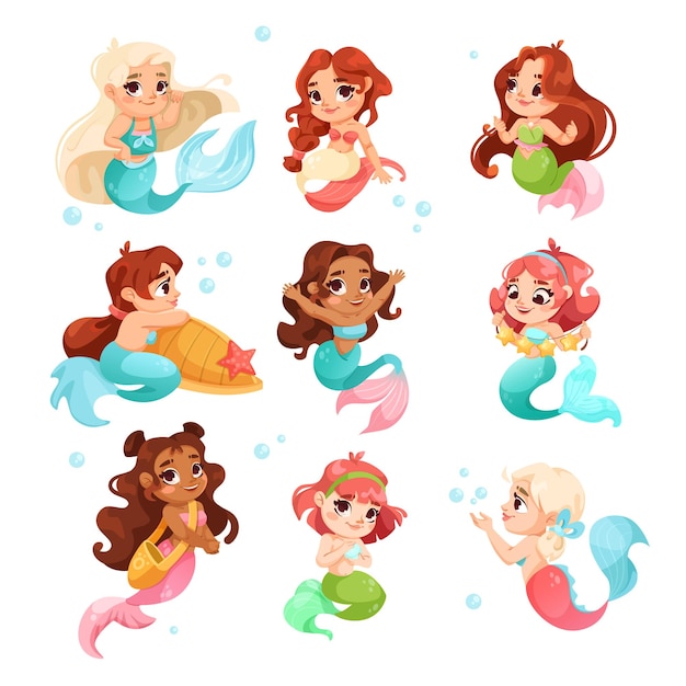 Una colección de simpáticos personajes de sirenas en varias poses y expresiones ilustradas en un estilo de dibujos animados sobre un fondo blanco concepto de vida marina de fantasía Ilustración vectorial