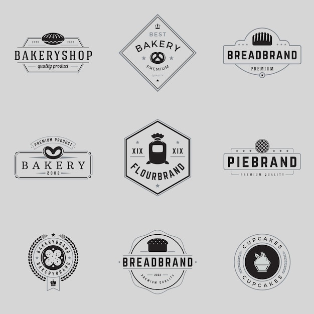 Colección simple calidad premium panadería tienda monocromo línea logo vector ilustración Conjunto minimalista vintage emblema pan harina pastel cupcake marca identificación diseño con lugar para texto