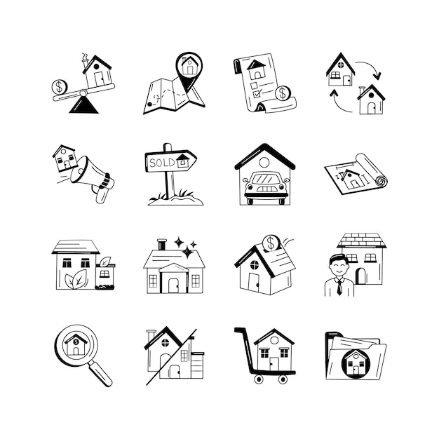 Colección de simples iconos en blanco y negro que representan varios aspectos de la compra de bienes raíces