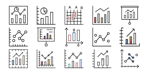 Una colección de simples iconos de gráficos de líneas y barras que muestran tendencias y estadísticas de análisis de datos con var