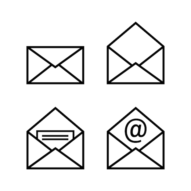 Colección de simples iconos de sobre de línea negra vectorial cerrados abiertos con letra y símbolo de correo electrónico