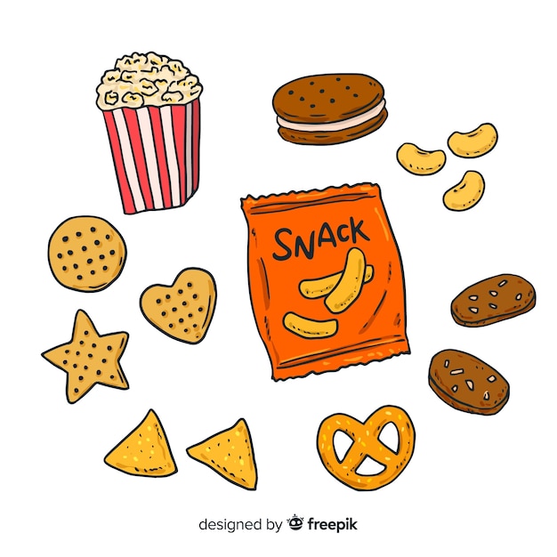 Colección de snacks deliciosos dibujados a mano