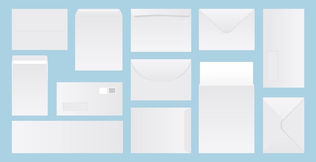 Colección de sobres de correo en blanco Conjunto de plantillas de sobres blancos realistas Sobres de papel en blanco Colección de sobre blancos plegados y desplegados