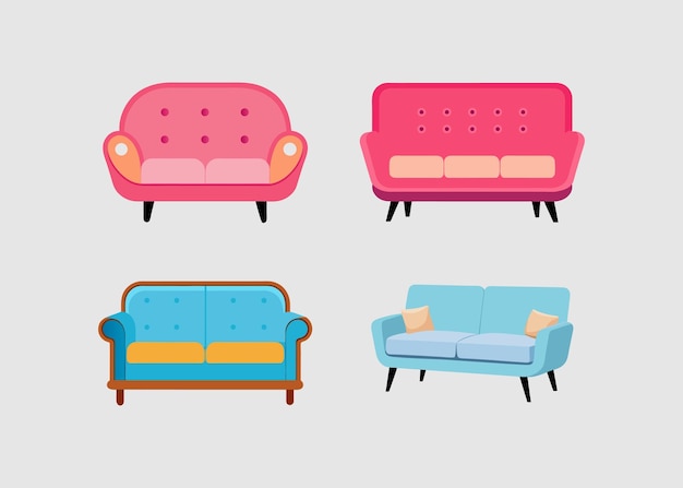 Colección de sofás de dibujos animados vectoriales vibrantes para interiores modernos