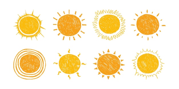Colección de sol dibujada a mano con lápiz aislada sobre fondo blanco elementos de la naturaleza lindo verano sol