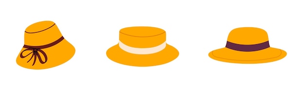 Colección de sombreros amarillos con bandas y cintas decorativas simples