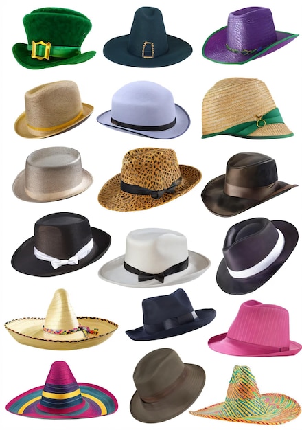 Vector colección de sombreros incluyendo uno de los sombreros dice vaquero