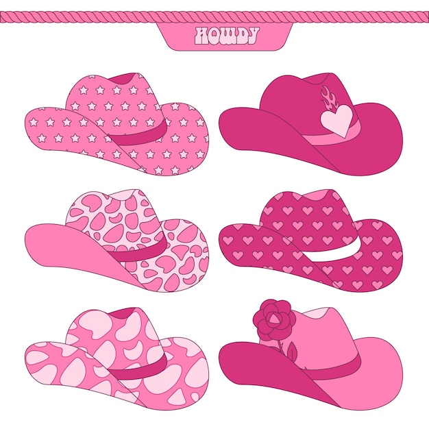 Colección de sombreros retro Pink Cowgirl con varios patrones de impresión de los años 60 Howdy Cowboy western y tema del oeste salvaje Ilustración vectorial plana de contorno dibujada a mano