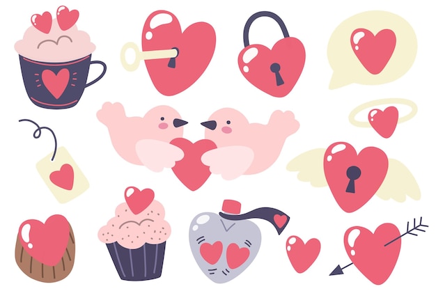 Colección st valentines day handdrawn corazones y dulces sobre birdie precio pastel vec