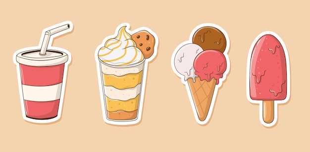 Vector colección de stickers de helados coloridos dibujados a mano